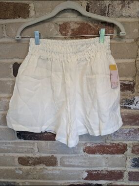 High-Waist White Linen-Blend Smocked Shorts